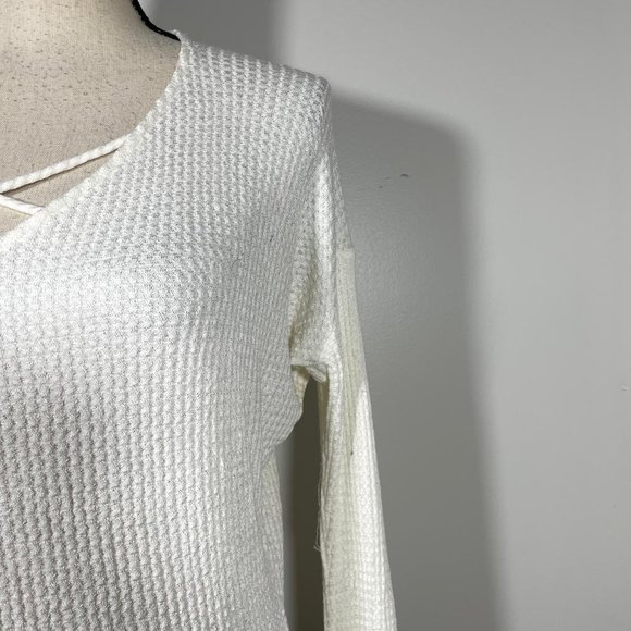 Jolie Ivory Cream V Neck Cut Out Waffle Knit Long Sleeve Pullover Sweater S - Picture 4 of 11